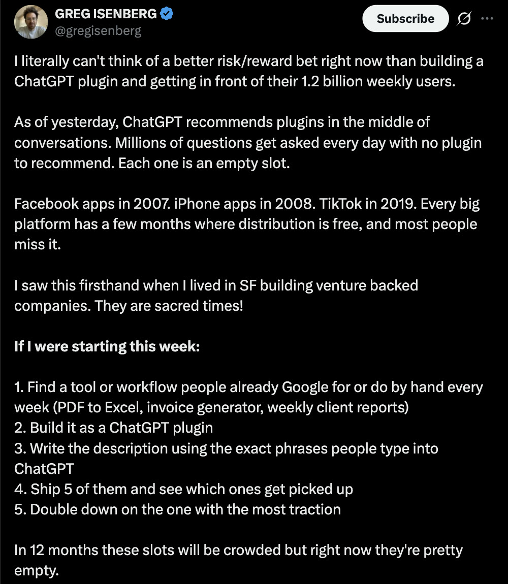 Greg Isenberg on X, September 30, 2026: building a ChatGPT plugin is the best risk/reward bet right now, with a five-step plan